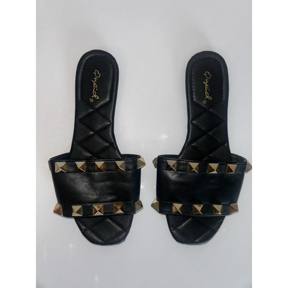 Qupid Black Quilted Slip-On Studded Sandals With Gold  Studs  Womens Size 6.5 - Picture 3 of 5